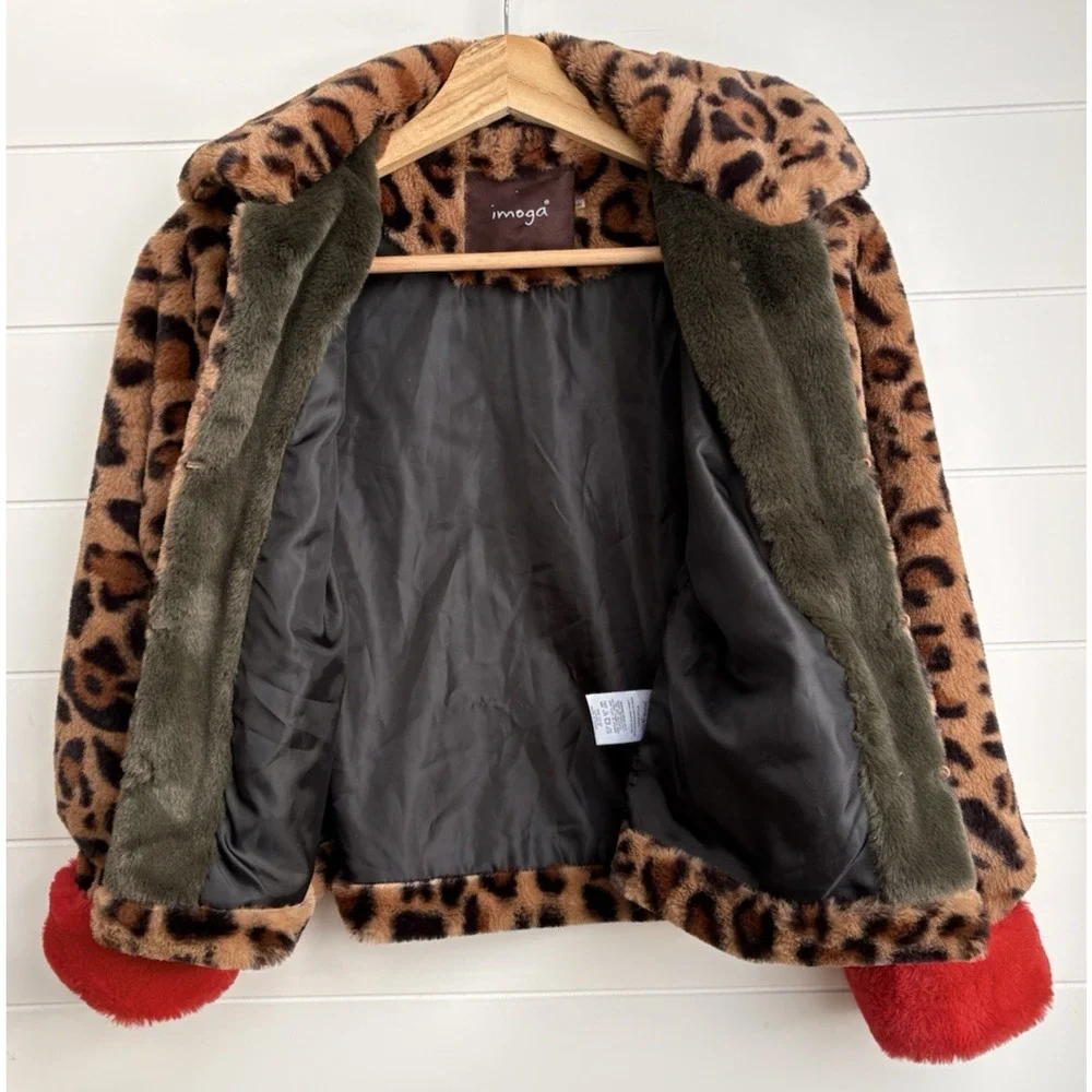 IMOGA Emma Leopard Faux Fur Coat Girls Size 10 Animal Print Jacket Red Trim